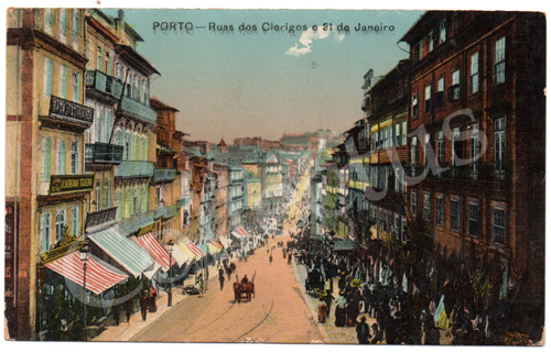 Postal antigo do Porto – Ruas dos Clérigos e 31de Janeiro. Edição Grandes Armazéns Hermínios