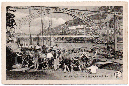 Postal antigo do Porto – Carros de bois e Ponte D.Luiz I. Edição Monteiro Guimarães