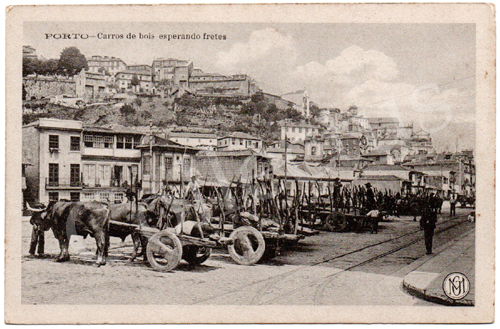 Postal antigo do Porto – Carros de bois esperando fretes. Edição Monteiro Guimarães