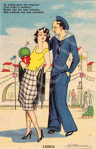 Postal antigo de costumes ilustrado por Elisa B. Felismino